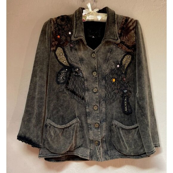 Marilu Embellished Beaded Sequin Jacket Burnout Patchwork S/M Gray Boho Italy - Picture 1 of 12